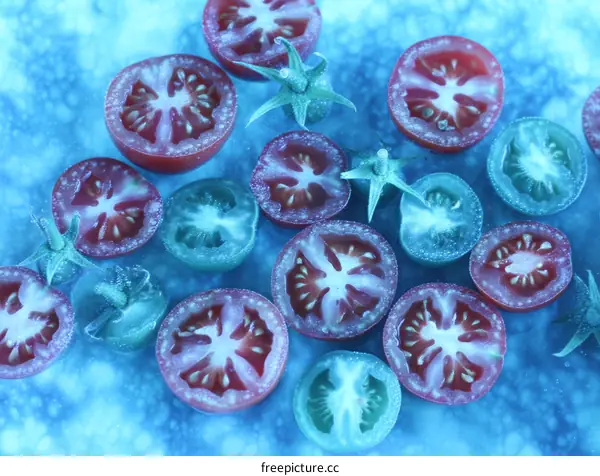 Frozen Tomato Slices Displayed on a Blue Surface