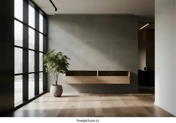 Modern minimalist interior space with large windows and wooden furniture