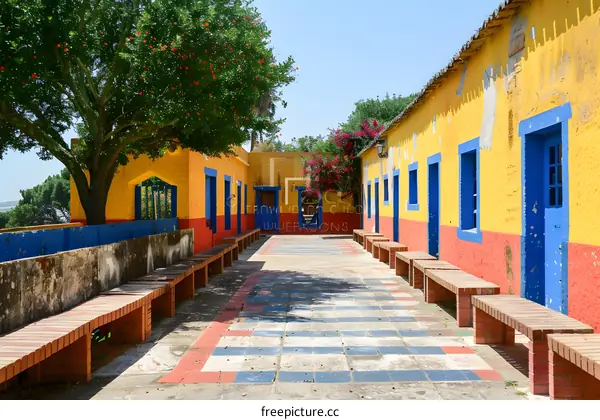 Colorful Yellow Building Courtyard with Bench