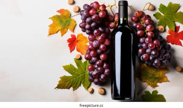 A bottle of red wine with a bunch of purple grapes and autumn leaves on marble background