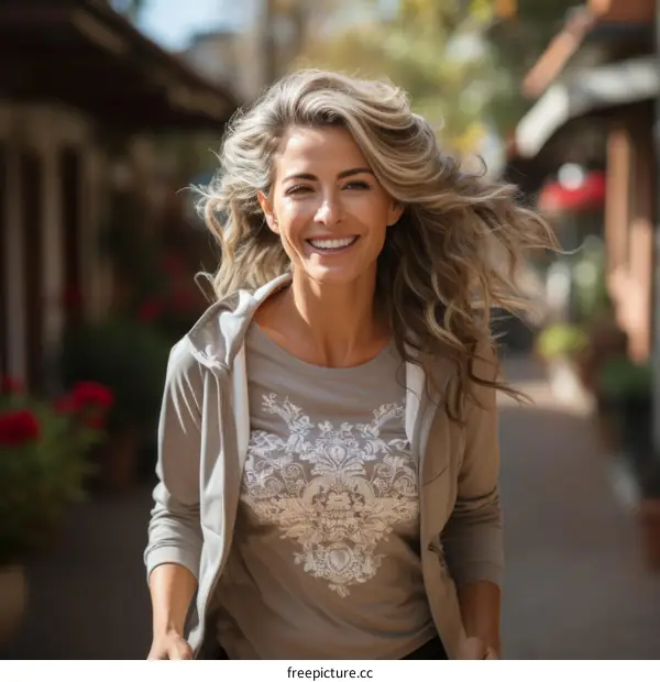 Smiling woman with blonde hair running in a park