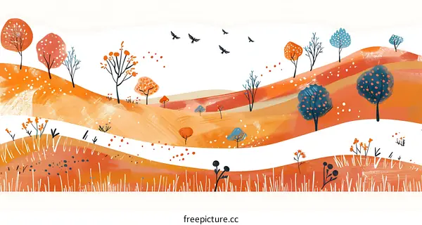 Autumn Landscape With Orange and Blue Trees