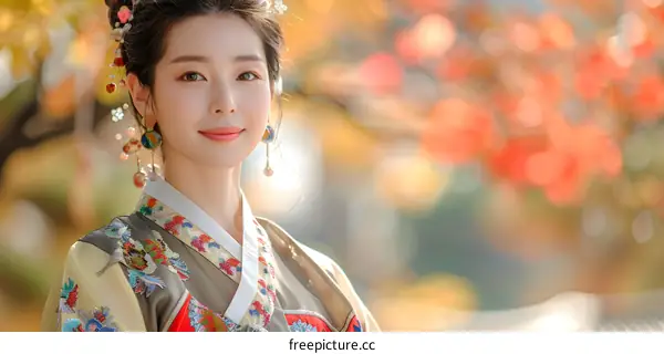 Portrait of a smiling woman in traditional Korean dress, or Hanbok