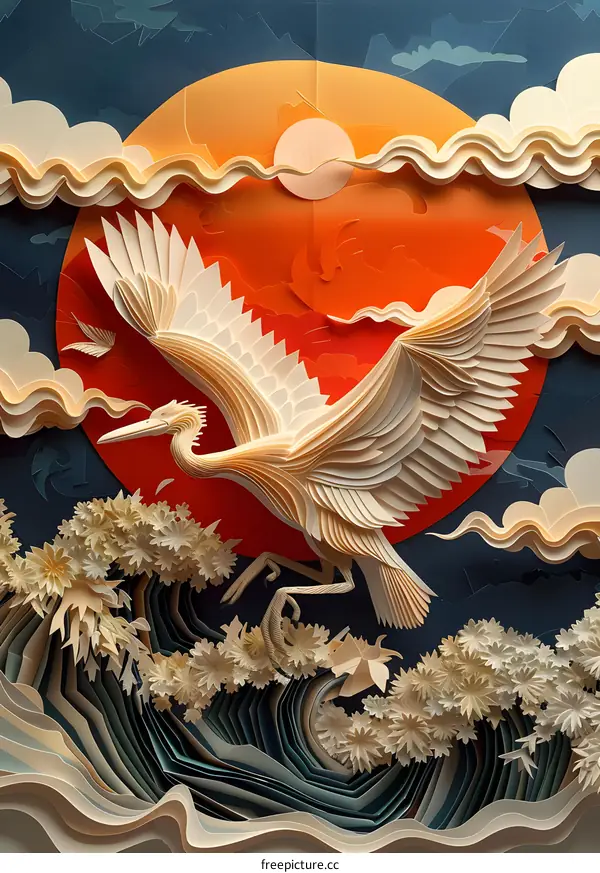 A paper-cut illustration of a heron flying over a stormy sea with Mount Fuji in the background