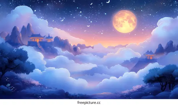 Mystical Cloud-Kissed Mountain Temple at Night