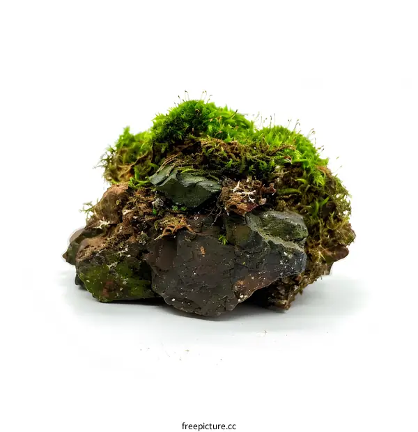 Green Moss Growing on Rock Isolated on White Background
