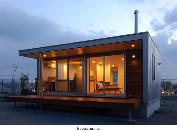 Modern Minimalist Tiny House With Deck And Evening Sky