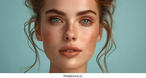 Woman with Freckles and Blue Eyes