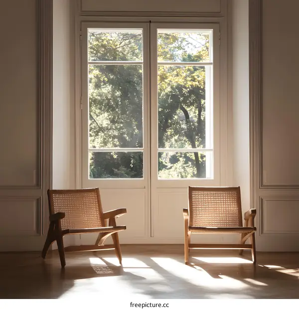Two Wooden Chairs in a Room with a Large Window
