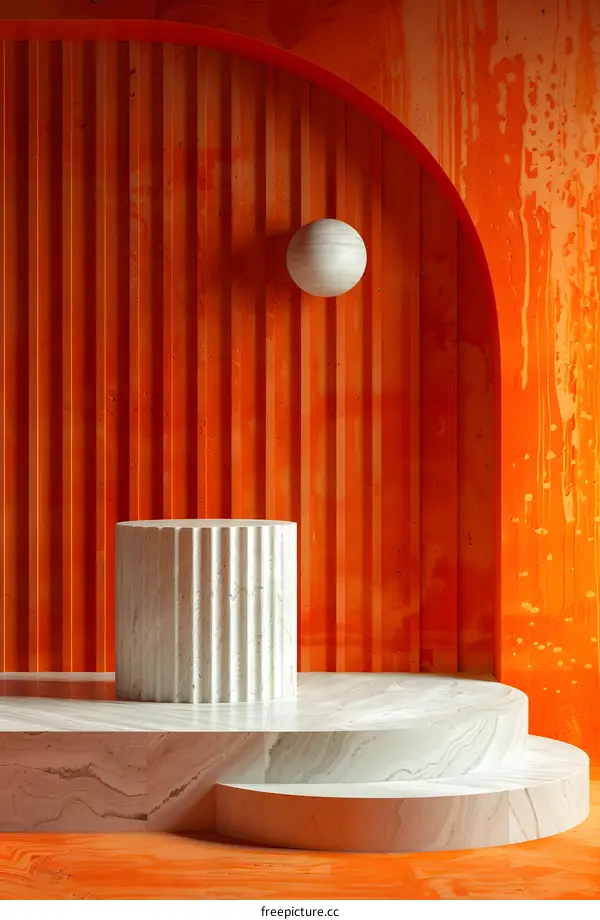 White Marble Podium and Steps with Orange Background
