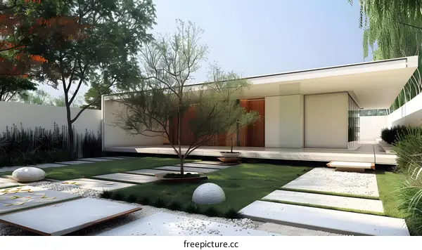 Modern Minimalist House Exterior With Green Grass and Stone Pathway