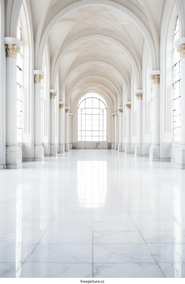 ornate empty hall with marble floor and arched ceiling
