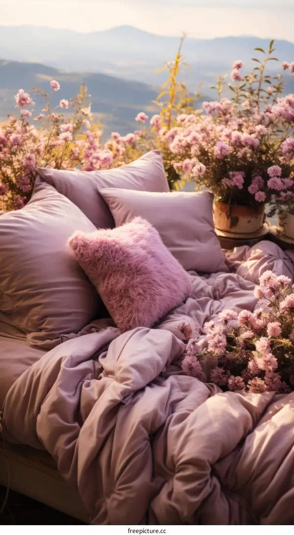 A dreamy pink bed among the purple flowers with a beautiful mountain view