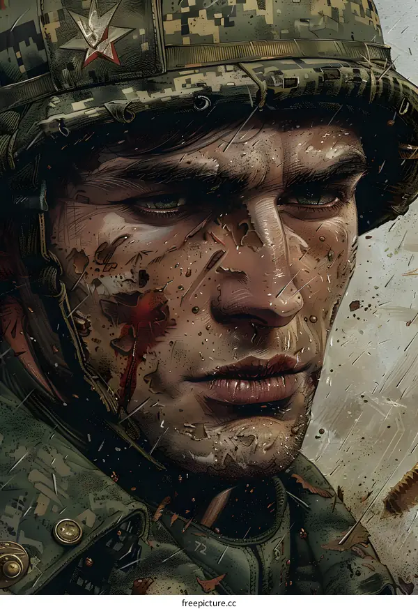 Close-up portrait of a soldier wearing a helmet