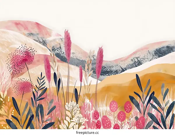 Abstract Watercolor Landscape with Mountains and Flowers