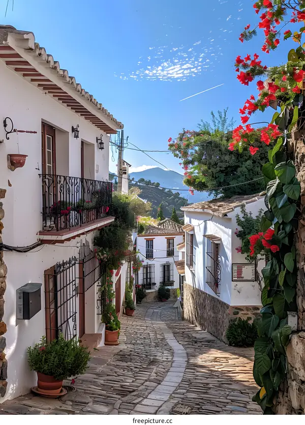 Cobblestone Street with White Houses and Red Flowers in Spain