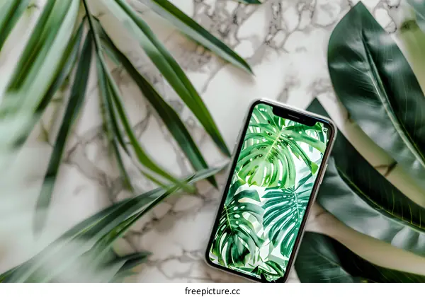 Tropical Phone Wallpaper on a Marble Table