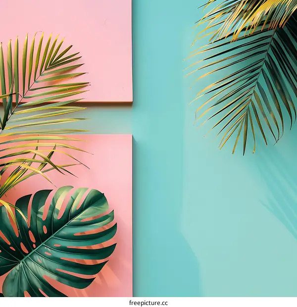 Tropical Leaves on Pink and Blue Wall