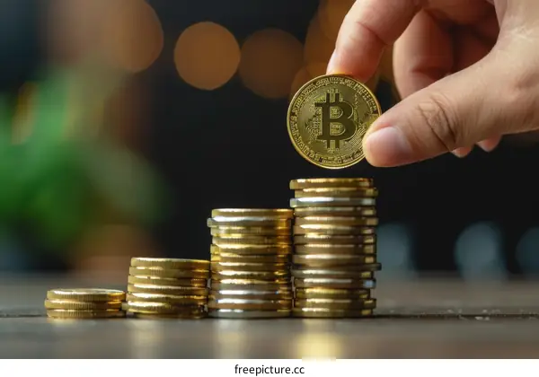 A hand placing a Bitcoin on a growing stack of Bitcoins