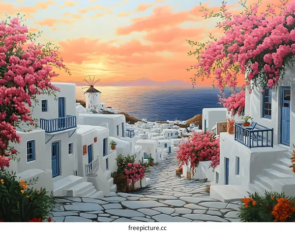 Sunset View of a Greek Village with White Houses and a Windmill