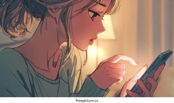 Woman Using Smartphone at Night Illustration