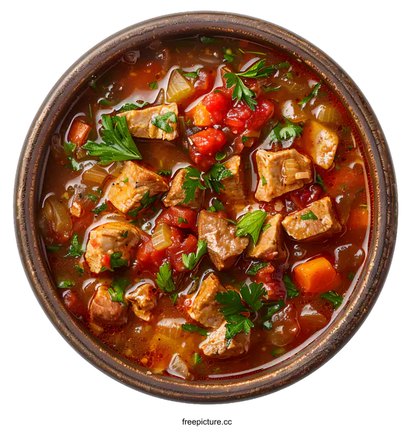 [Transparent Background PNG]Beef stew with tomatoes and herbs in a bowl