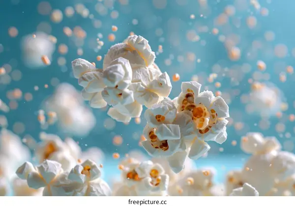 A handful of popcorn is suspended in mid-air against a blue background.