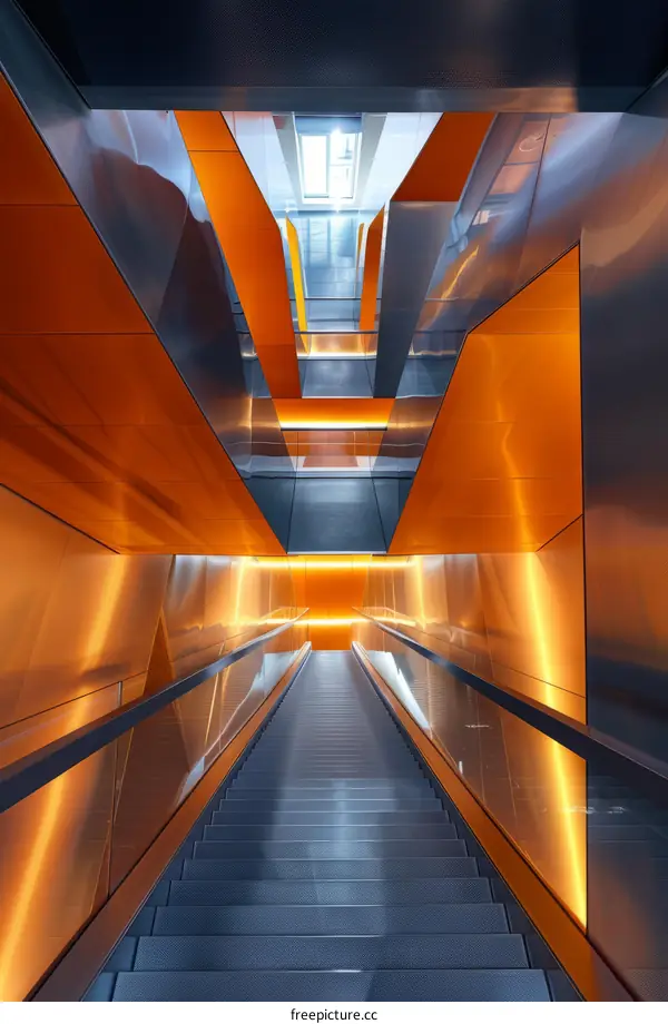 Modern Architecture with a Long Orange Escalator