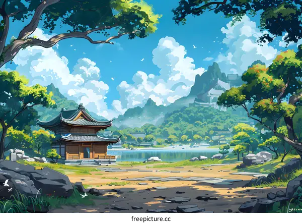Japanese Style Pagoda Illustration with Green Mountains