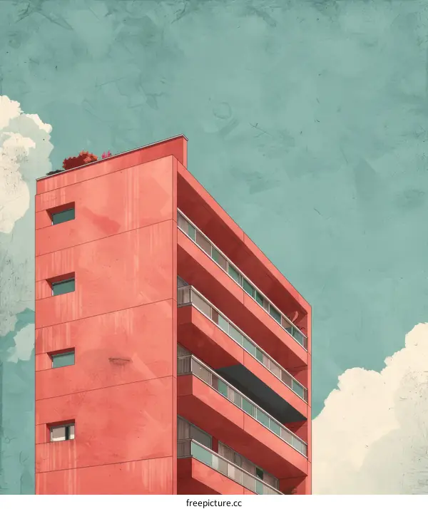 A tall residential building with a pink exterior and blue balconies