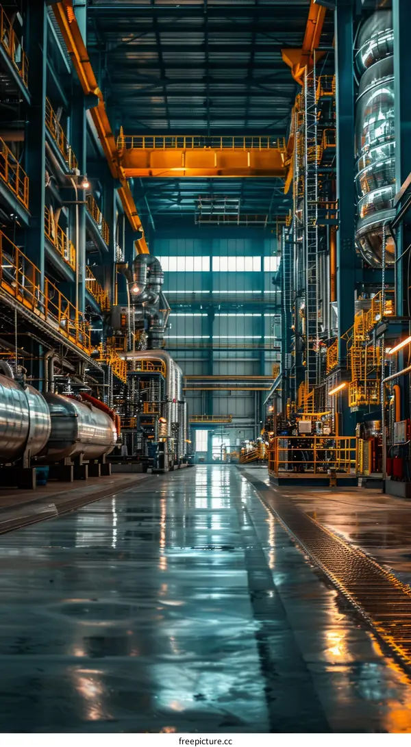The interior of a modern industrial building with steel structures and large vats