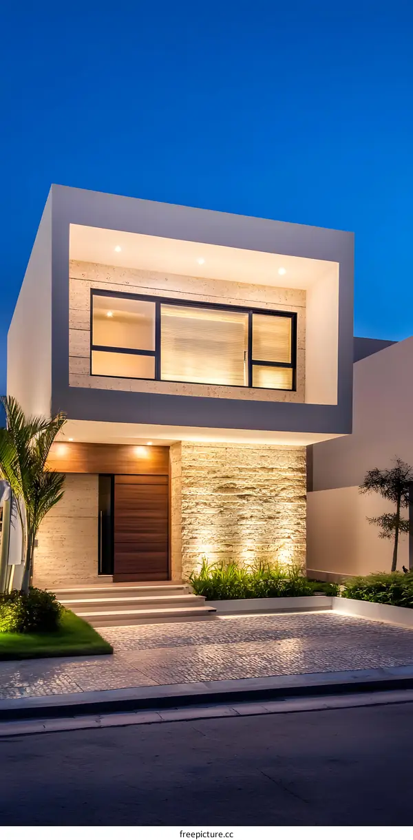 Modern House Exterior Design with Stone Wall and Wooden Door