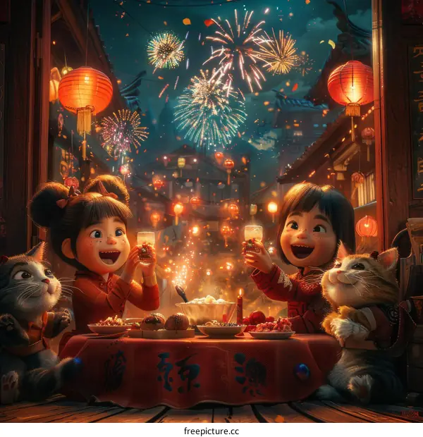 Chinese New Year Celebration with Fireworks and Two Happy Children