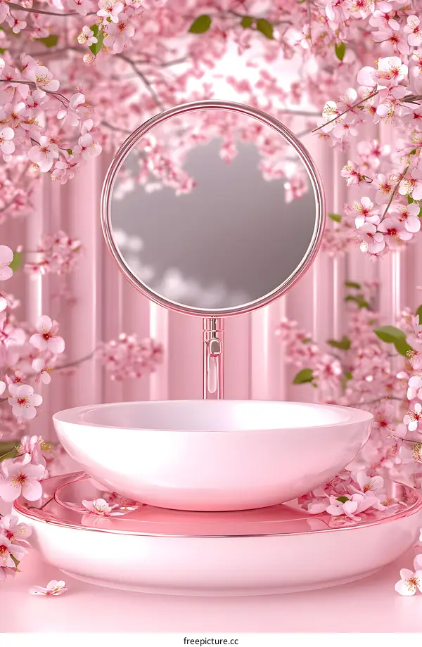 Pink Ceramic Sink with Mirror and Cherry Blossom Background