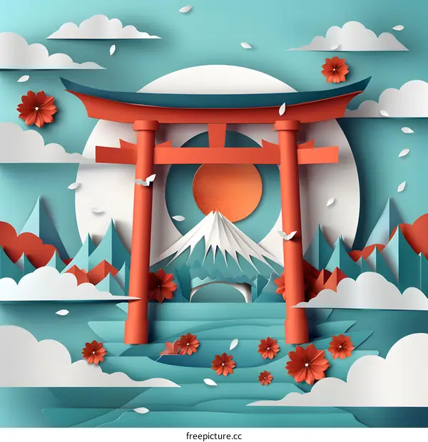 paper cut illustration of a torii gate with a mountain and clouds in the background