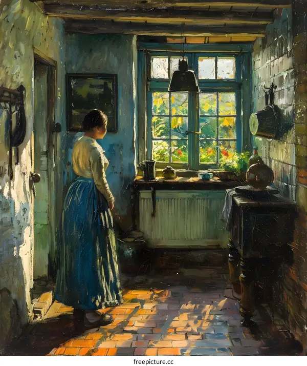 A woman standing in a kitchen looking out the window