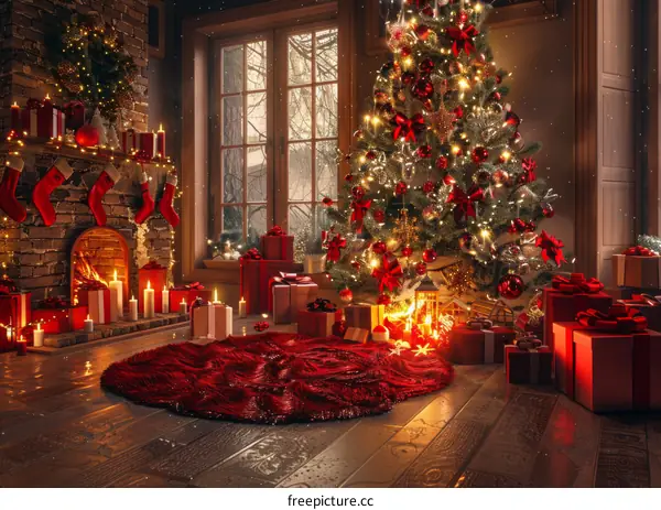 Beautiful Christmas Tree Adorned by the Fireplace