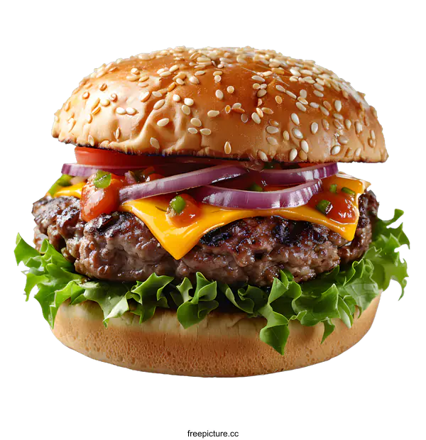 [Transparent Background PNG]Beef burger with tomato, onion and lettuce