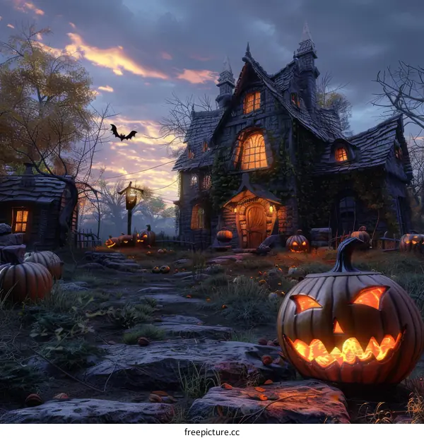 Haunted House with Pumpkins and Bats