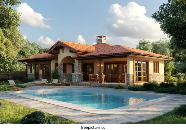 Modern House with Swimming Pool and Backyard Landscape