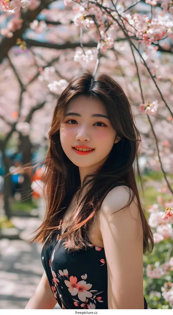 Portrait of a young woman smiling with cherry blossom background