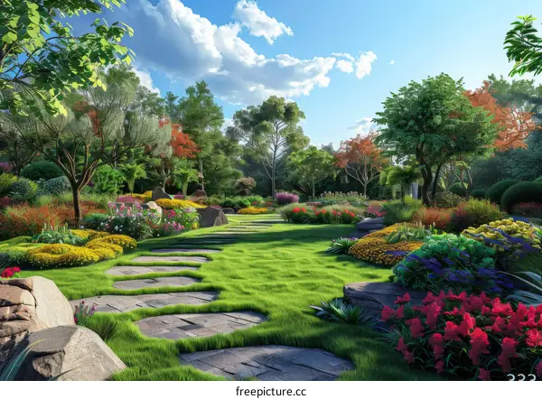Lush Garden Path with Vibrant Flowers and Greenery