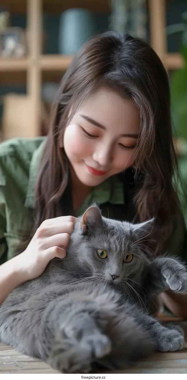 A young woman is petting a gray cat