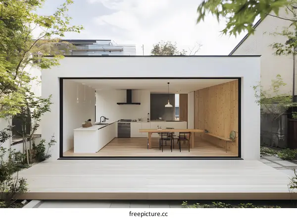 Modern White Kitchen and Dining Room with Large Sliding Glass Doors Opening to a Wooden Deck