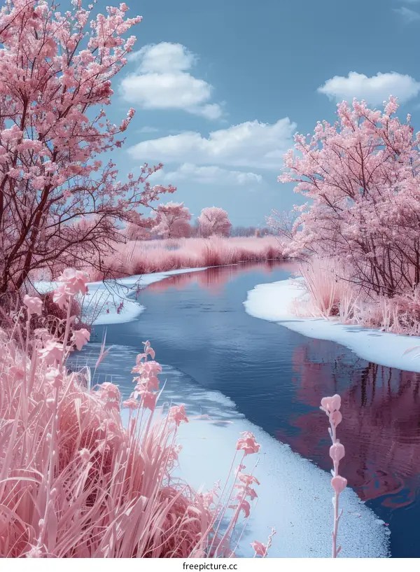 A pink winter wonderland along a river