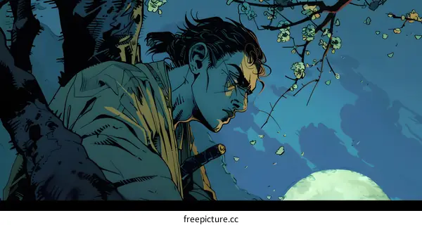 Samurai Illustration with Cherry Blossoms and Moon