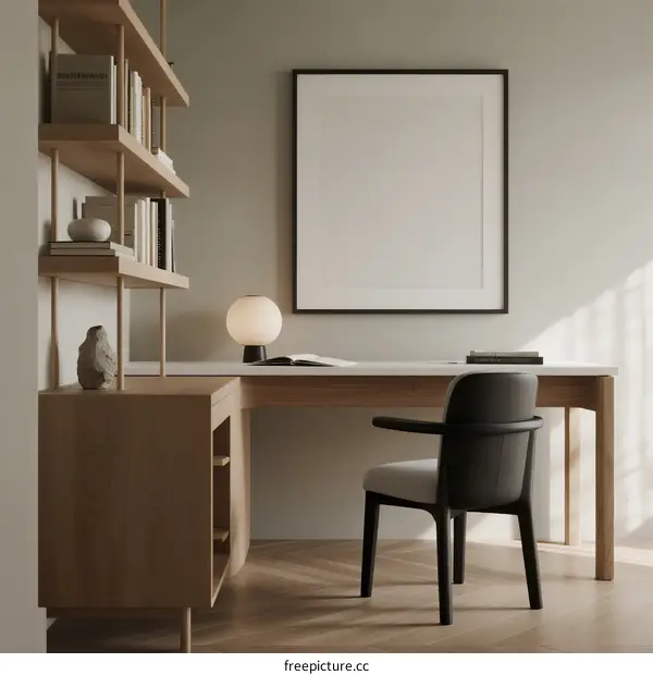 Minimalist home office workspace with wooden desk and chair