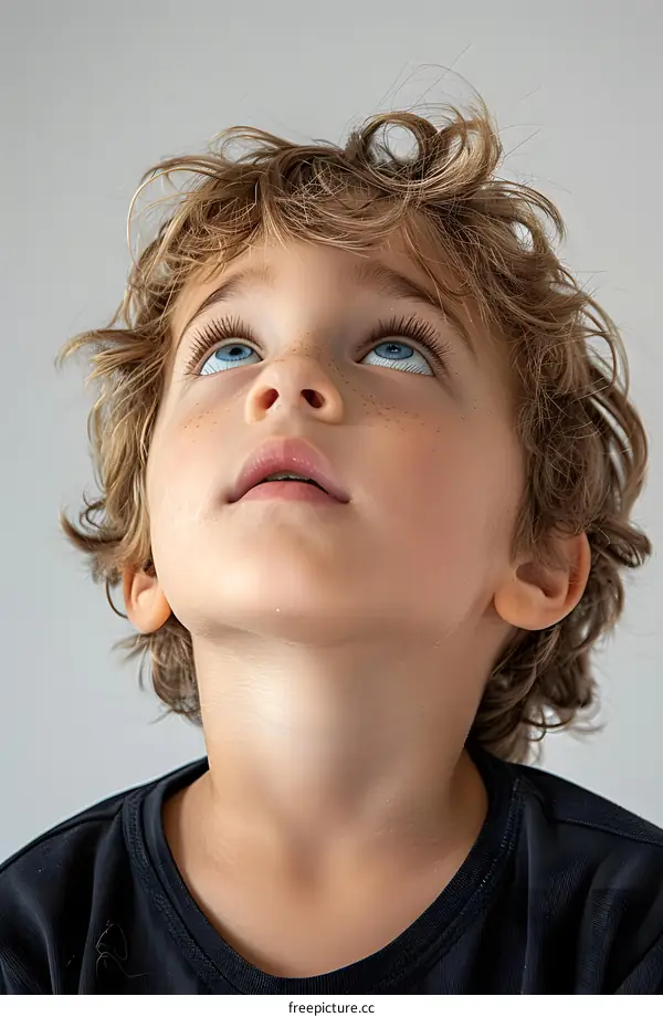 Portrait of Young Boy With Curly Blonde Hair Looking Up