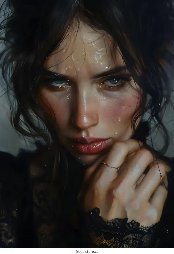 Portrait of a young woman with dark hair and blue eyes