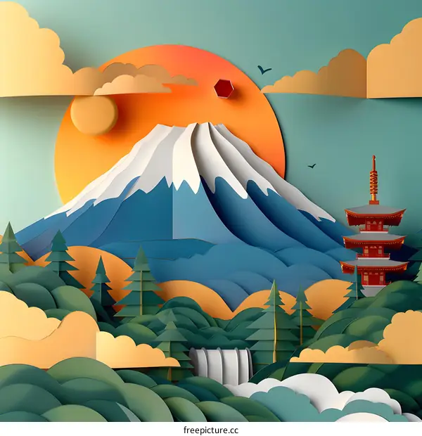 Mount Fuji in the style of paper cut